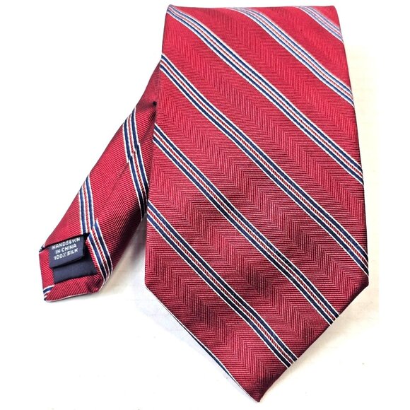 Lands End Red Striped Silk Tie With Herringbone Pattern Repp Burgundy Blue - Picture 1 of 5